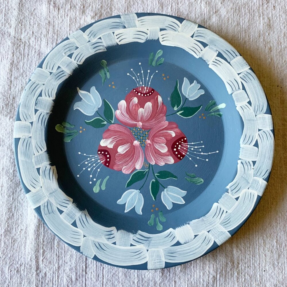 Home | Hand Painted Decorative Plate, Basketweave Peonies, Folk Art, 8" Ceramic